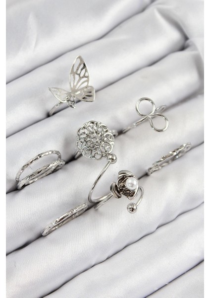 Bfs Pirinç Gül Kelebek Model Gümüş Renk Kadın Yüzük Kombin Set