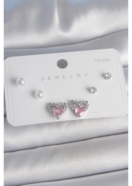 Bfs Pirinç Gümüş Renk Pembe Zirkon Taşlı Kalp Model Inci Detay 925 Ayar Gümüş Çivi Kadın Küpe Seti