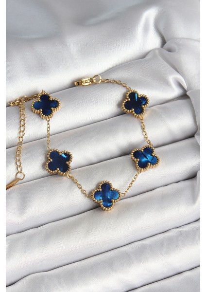 Bfs 316L Çelik Sedefli Lacivert Gold Renk Yonca Kadın Bileklik