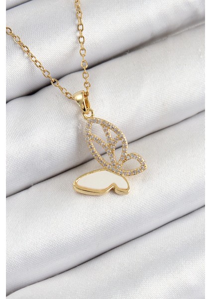 Bfs 316L Çelik Zirkon Taşlı Kelebek Model Gold Renk Kadın Kolye