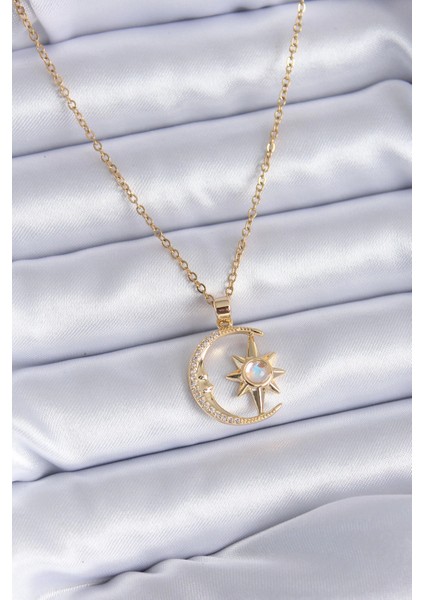 Bfs 316L Çelik Gold Renk Zirkon Taşlı Ay Yıldız Model Kadın Kolye