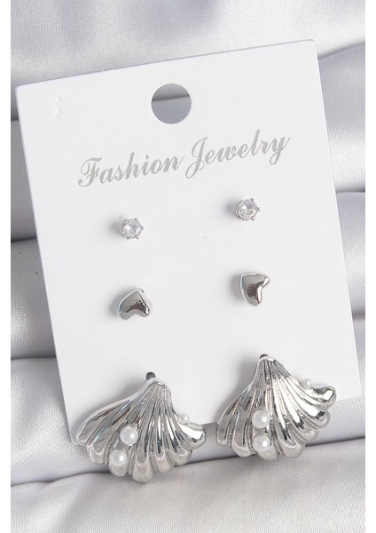 Bfs Pirinç Gümüş Renk Zirkon Taş Detaylı Inci Detaylı Deniz Kabuğu Model 3 Çift Kadın Küpe