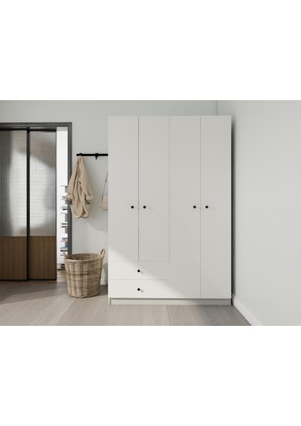 4 Kapaklı 2 Çekmeceli Gardırop Külgri-Beyaz