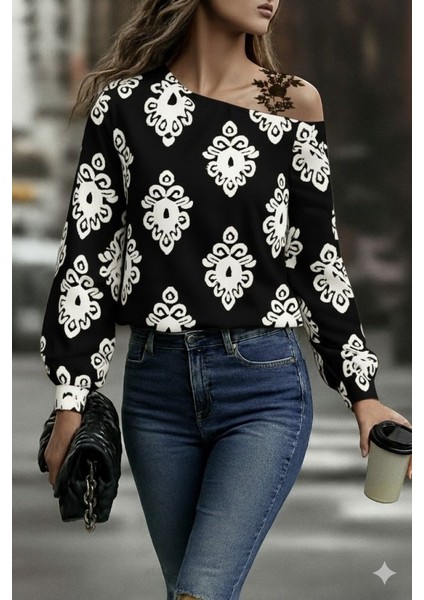 Kadın Askılı Uzun Kollu Omuzlardan Açık Desenli Mosskrep Bluz