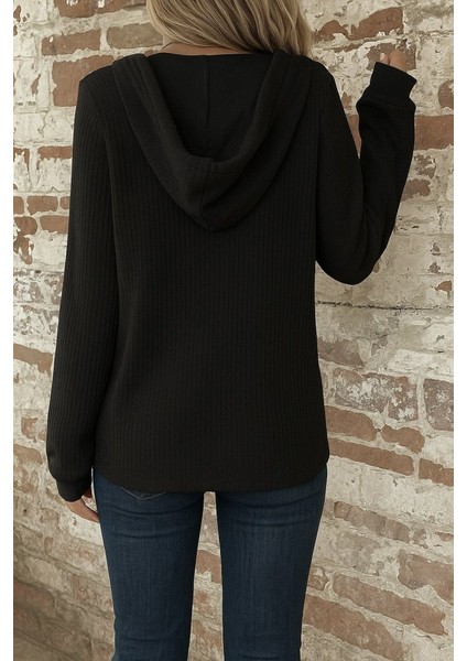 Kadın Uzun Kollu Kapşonlu Önü Düğmeli ve Bağcıklı Waffle Bluz fiyatları