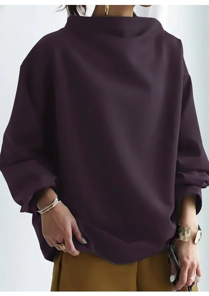 Kadın Uzun Kollu Geniş Balıkçı Yaka Modal Mürdüm Bluz fiyatları