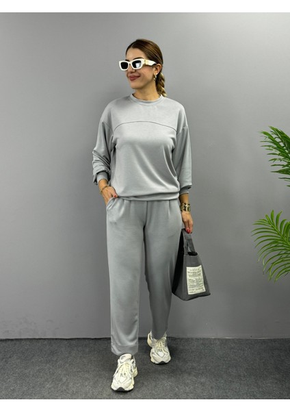 Kadın Uzun Kollu Bisiklet Yaka Viskon Iki Iplik Bluz ve Pantolon Ikili Takım