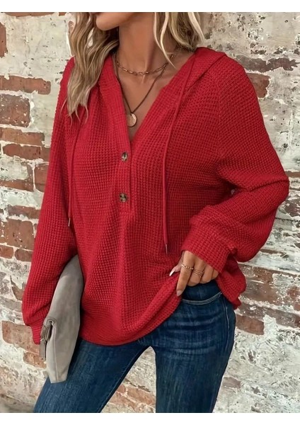 Kadın Uzun Kollu Kapşonlu Önü Düğmeli ve Bağcıklı Waffle Bluz fiyatları