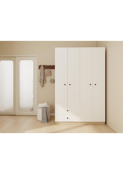 4 Kapaklı 2 Çekmeceli Gardırop Kotonvizon-Beyaz