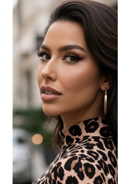 Kadın Uzun Kollu Balıkçı Yaka Leopar Desenli Midi Boy Elbise