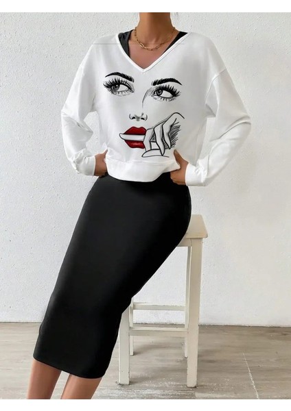 Kadın Askılı Yuvarlak Yaka Viskon Iki Iplik Elbise ve V Yakalı Bluz Ikili Takım