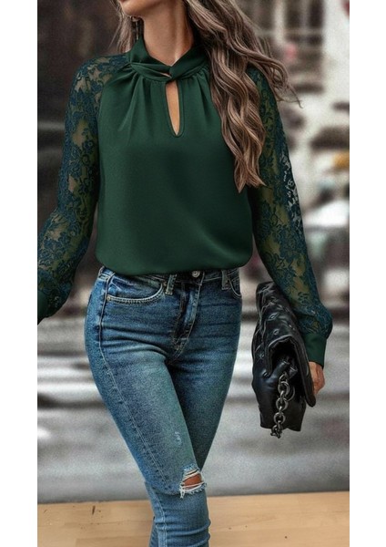 Kadın Uzun Kollu Göğüs Pencere Detay Yaka Boğazlı Kolları Tüllü Sandy Bluz fırsatları