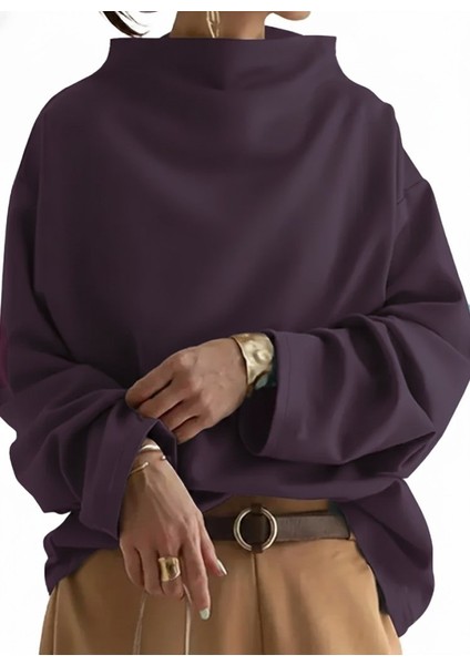 Kadın Uzun Kollu Geniş Balıkçı Yaka Modal Mürdüm Bluz