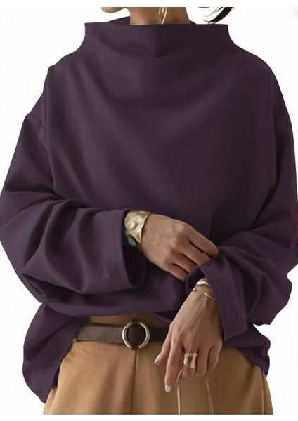 Kadın Uzun Kollu Geniş Balıkçı Yaka Modal Mürdüm Bluz modelleri