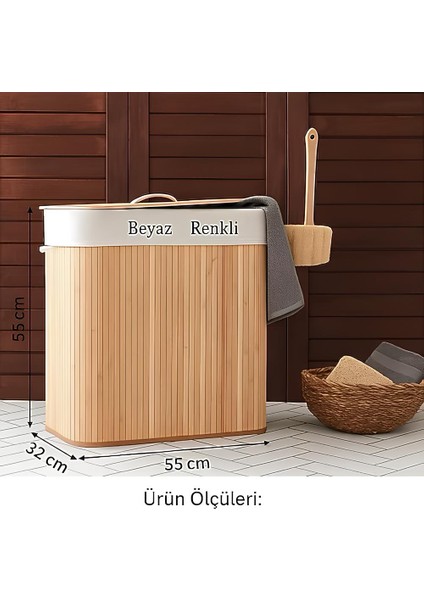 Dikdörtgen Hasır - Ahşap Kirli Çamaşır Sepeti Seyyar Kapaklı Içi Bezli Ip Kulplu