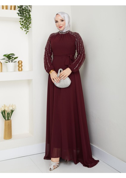 Kadın Kolları Işlemeli Astarlı Abiye Elbise YZ2501 Bordo - 40