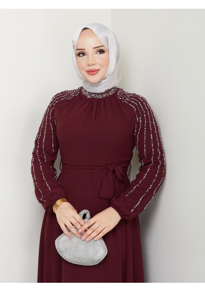 Kadın Kolları Işlemeli Astarlı Abiye Elbise YZ2501 Bordo - 40 fiyatları