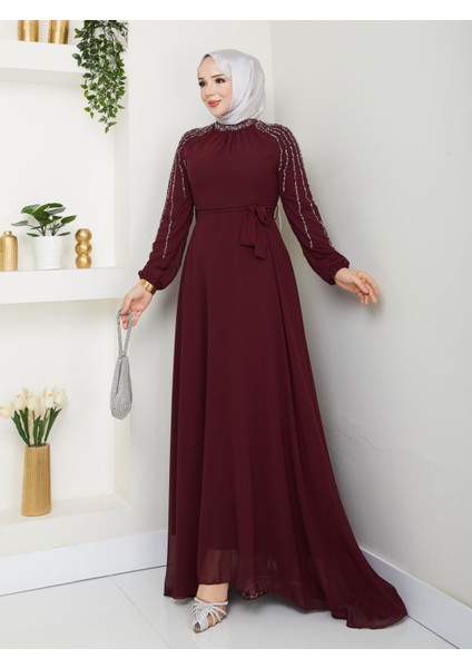 Kadın Kolları Işlemeli Astarlı Abiye Elbise YZ2501 Bordo - 40 modelleri