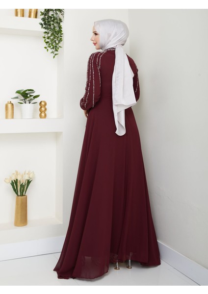Kadın Kolları Işlemeli Astarlı Abiye Elbise YZ2501 Bordo - 40 fırsatları
