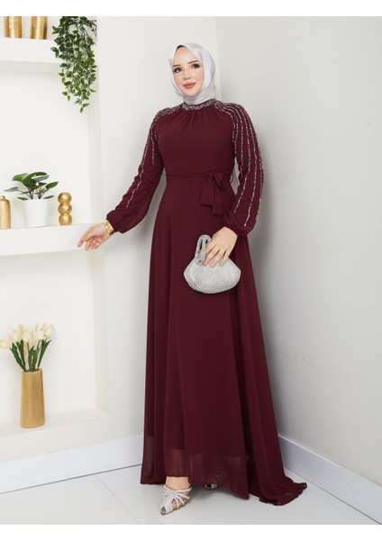 Kadın Kolları Işlemeli Astarlı Abiye Elbise YZ2501 Bordo - 40 indirimleri
