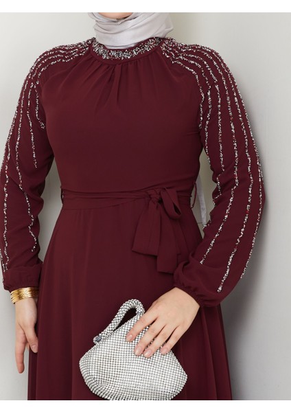 Kadın Kolları Işlemeli Astarlı Abiye Elbise YZ2501 Bordo - 40