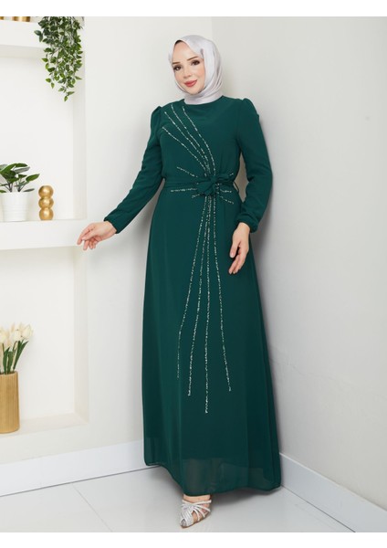 Taş Işlemeli Asimetrik Abiye Kadın YZ2503 44 - Zümrüt Yeşili