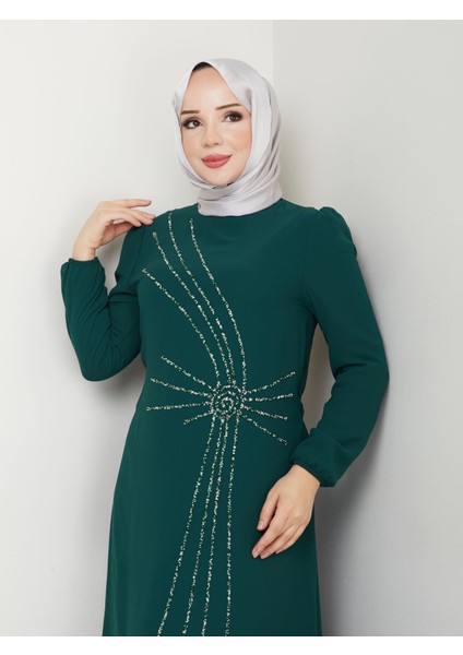 Taş Işlemeli Asimetrik Abiye Kadın YZ2503 44 - Zümrüt Yeşili fiyatları