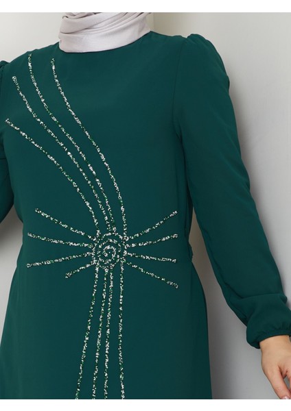 Taş Işlemeli Asimetrik Abiye Kadın YZ2503 44 - Zümrüt Yeşili modelleri