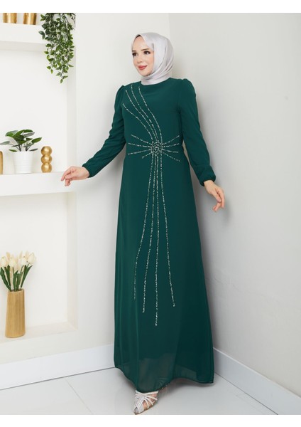Taş Işlemeli Asimetrik Abiye Kadın YZ2503 44 - Zümrüt Yeşili fırsatları
