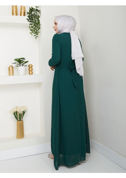 Taş Işlemeli Asimetrik Abiye Kadın YZ2503 44 - Zümrüt Yeşili indirimleri