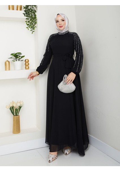 Kadın Kolları Işlemeli Astarlı Abiye Elbise YZ2501 Siyah - 46