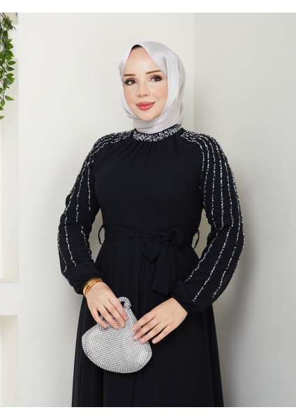 Kadın Kolları Işlemeli Astarlı Abiye Elbise YZ2501 Siyah - 46 fiyatları