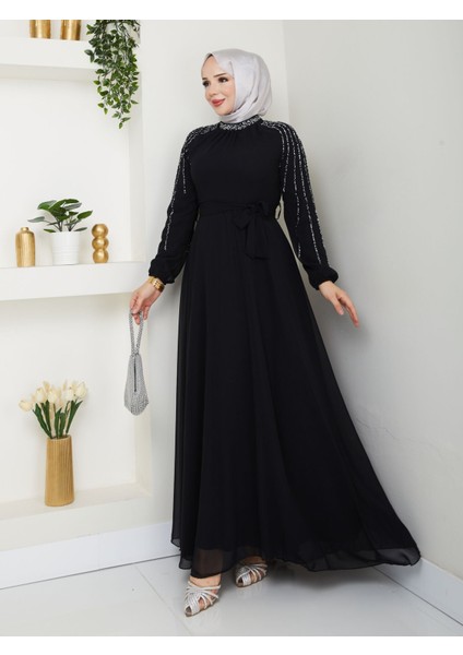 Kadın Kolları Işlemeli Astarlı Abiye Elbise YZ2501 Siyah - 46 modelleri