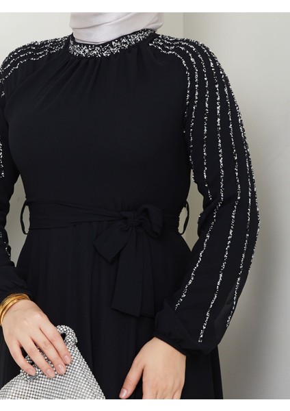 Kadın Kolları Işlemeli Astarlı Abiye Elbise YZ2501 Siyah - 46 fırsatları