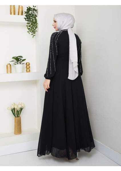 Kadın Kolları Işlemeli Astarlı Abiye Elbise YZ2501 Siyah - 46 indirimleri