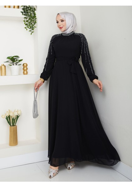 Kadın Kolları Işlemeli Astarlı Abiye Elbise YZ2501 Siyah - 46