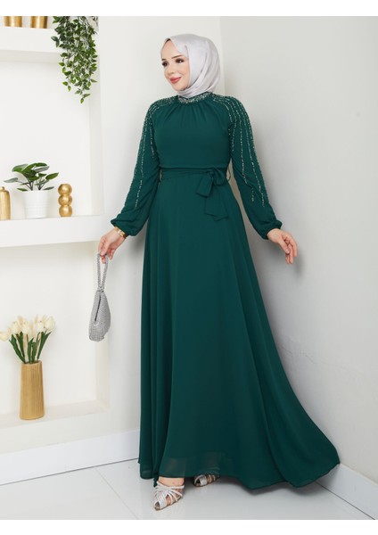 Kadın Kolları Işlemeli Astarlı Abiye Elbise YZ2501 46 - Zümrüt Yeşili modelleri
