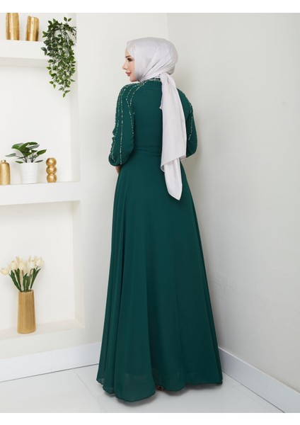 Kadın Kolları Işlemeli Astarlı Abiye Elbise YZ2501 46 - Zümrüt Yeşili fırsatları