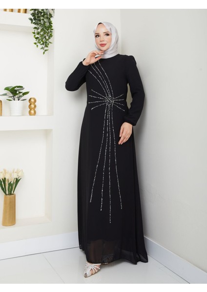 Taş Işlemeli Asimetrik Abiye Kadın YZ2503 42 - Siyah