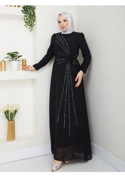 Taş Işlemeli Asimetrik Abiye Kadın YZ2503 42 - Siyah modelleri