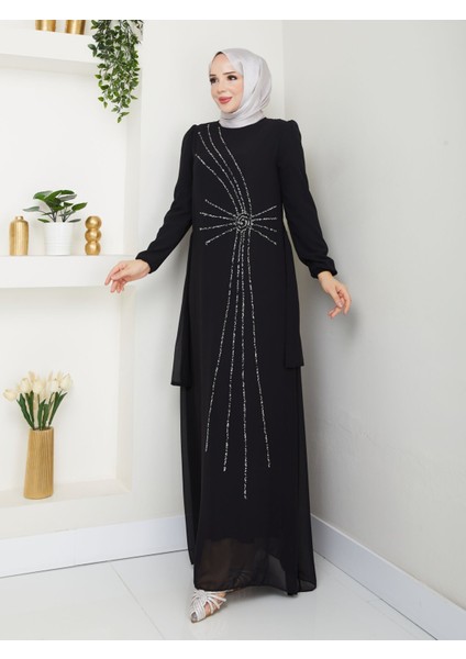 Taş Işlemeli Asimetrik Abiye Kadın YZ2503 42 - Siyah