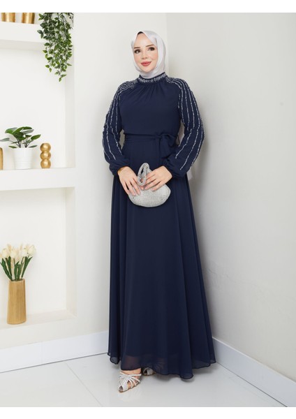 Kadın Kolları Işlemeli Astarlı Abiye Elbise YZ2501 46 - Lacivert