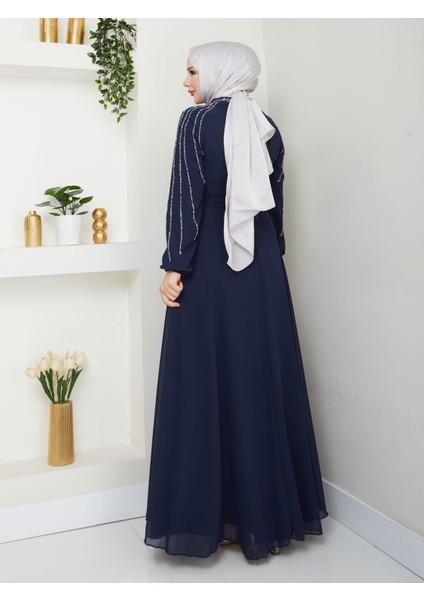 Kadın Kolları Işlemeli Astarlı Abiye Elbise YZ2501 46 - Lacivert modelleri