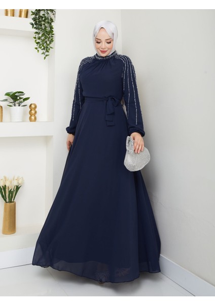 Kadın Kolları Işlemeli Astarlı Abiye Elbise YZ2501 46 - Lacivert fırsatları