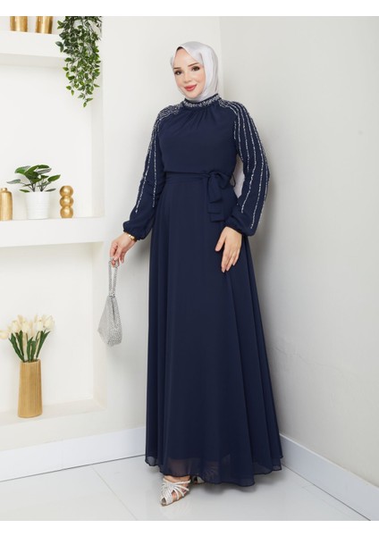 Kadın Kolları Işlemeli Astarlı Abiye Elbise YZ2501 46 - Lacivert indirimleri