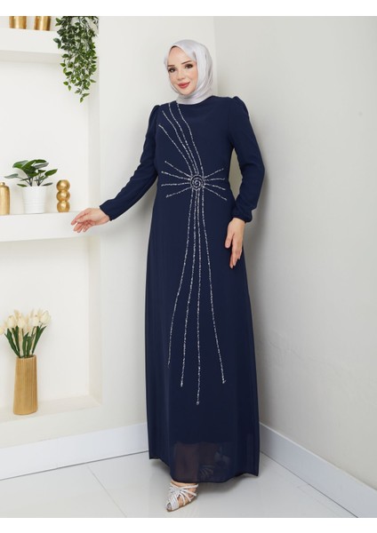 Taş Işlemeli Asimetrik Abiye Kadın YZ2503 46 - Lacivert