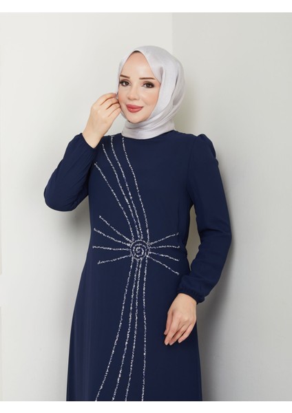 Taş Işlemeli Asimetrik Abiye Kadın YZ2503 46 - Lacivert fiyatları