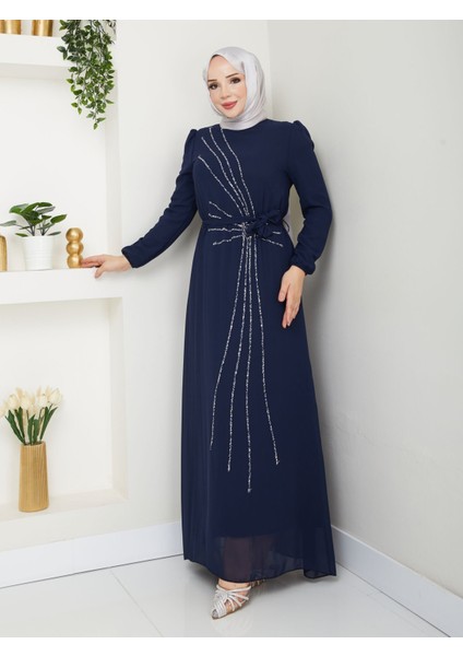 Taş Işlemeli Asimetrik Abiye Kadın YZ2503 46 - Lacivert modelleri
