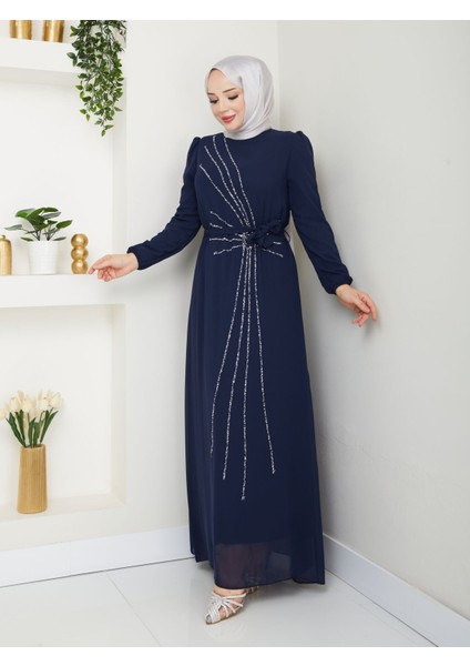 Taş Işlemeli Asimetrik Abiye Kadın YZ2503 46 - Lacivert indirimleri