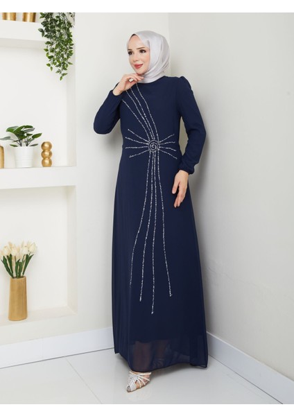 Taş Işlemeli Asimetrik Abiye Kadın YZ2503 46 - Lacivert